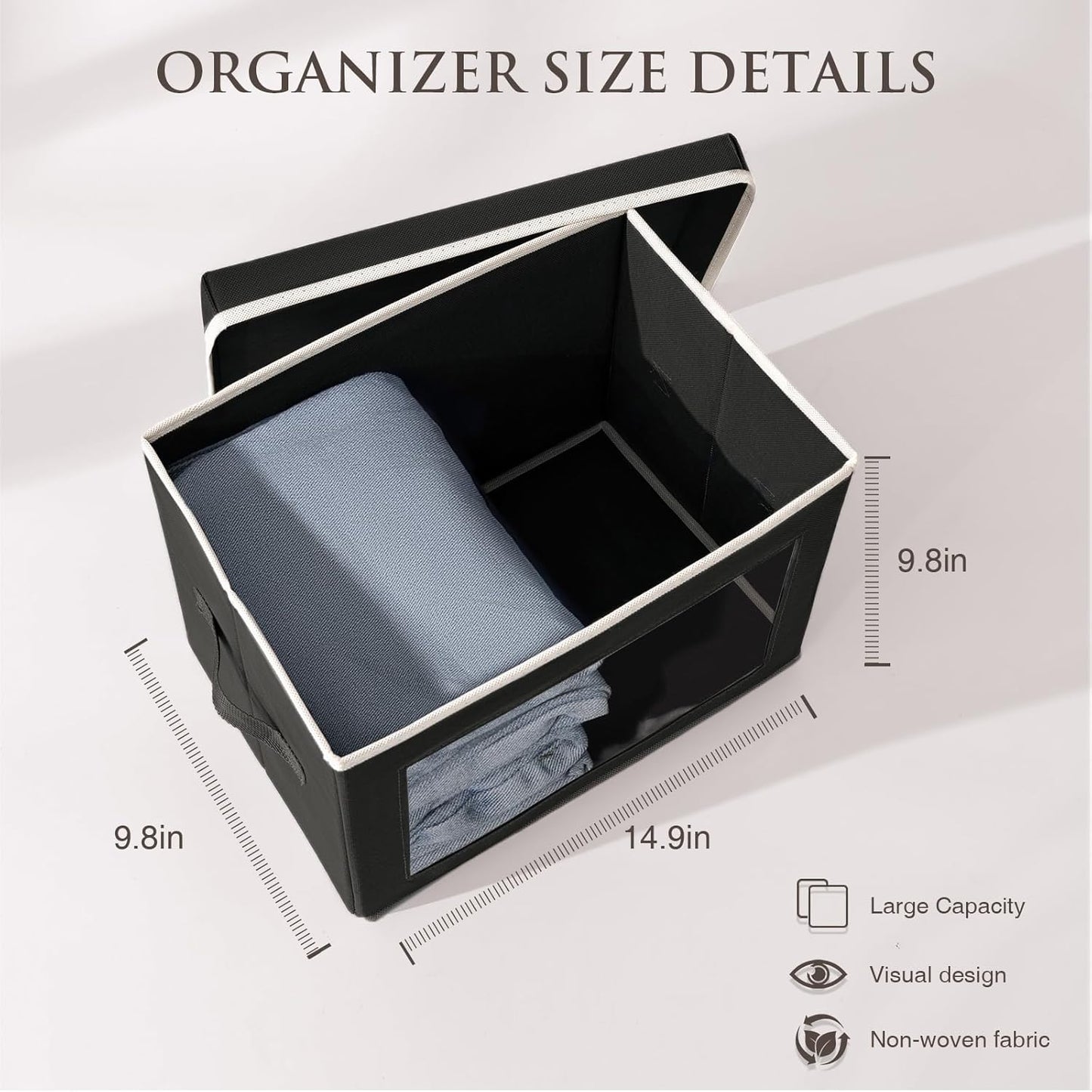 Stackable Storage Bins with Lids - Medium Storage Box with Lids, Foldable Closet Boxes for Organizing, Wardrobe Clothes Organizer with Window, Cubes Bins for Living Room, 5 Pack, Black