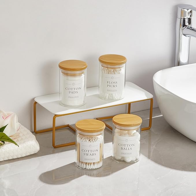 4 Pack Qtip Holder Dispenser - Glass Apothecary Jars with Lids, Cotton Ball Pad Swab Round Holder, Bamboo Bathroom Accessories, Bathroom Organizers Containers Jars Canisters with Lids