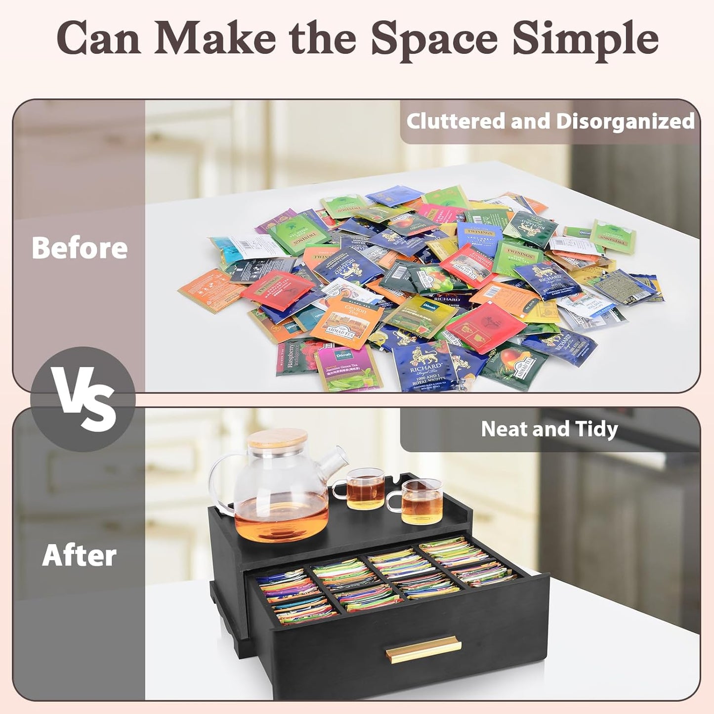 Tea Bag Organizer, Tea Organizers and Storage, Tea Box Organizer Storage Box, Tea Station Organizer for Countertop, Tea Caddy for Wood Tea Holder Organizers for Removable Drawer (Black)