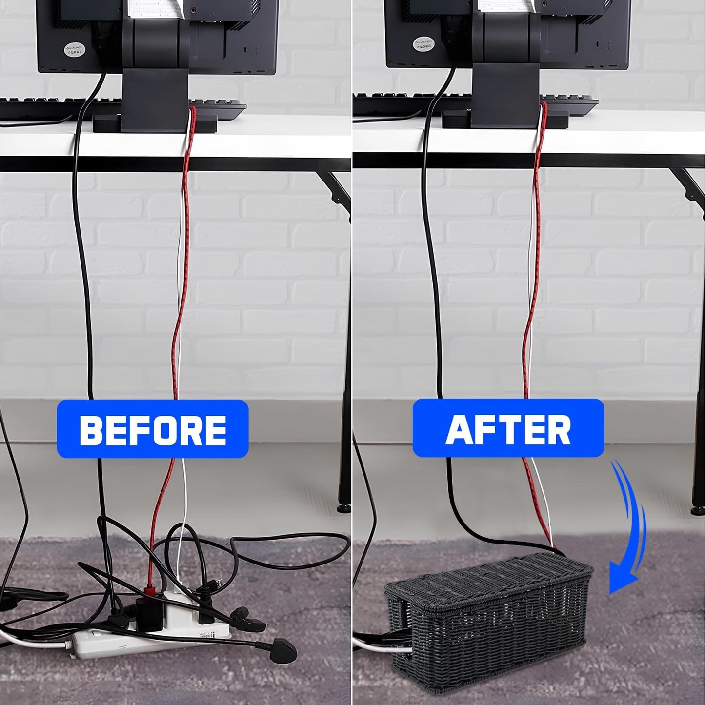 Cable Management Box, Handmade Rattan Cable Organizer, 2 Open Slots Cords Hider Box, Under Desk Cord Organizer for Computer Router USB Hub & Power Strip, Patent Pending, 13" x 5.1" x 5.1", Black