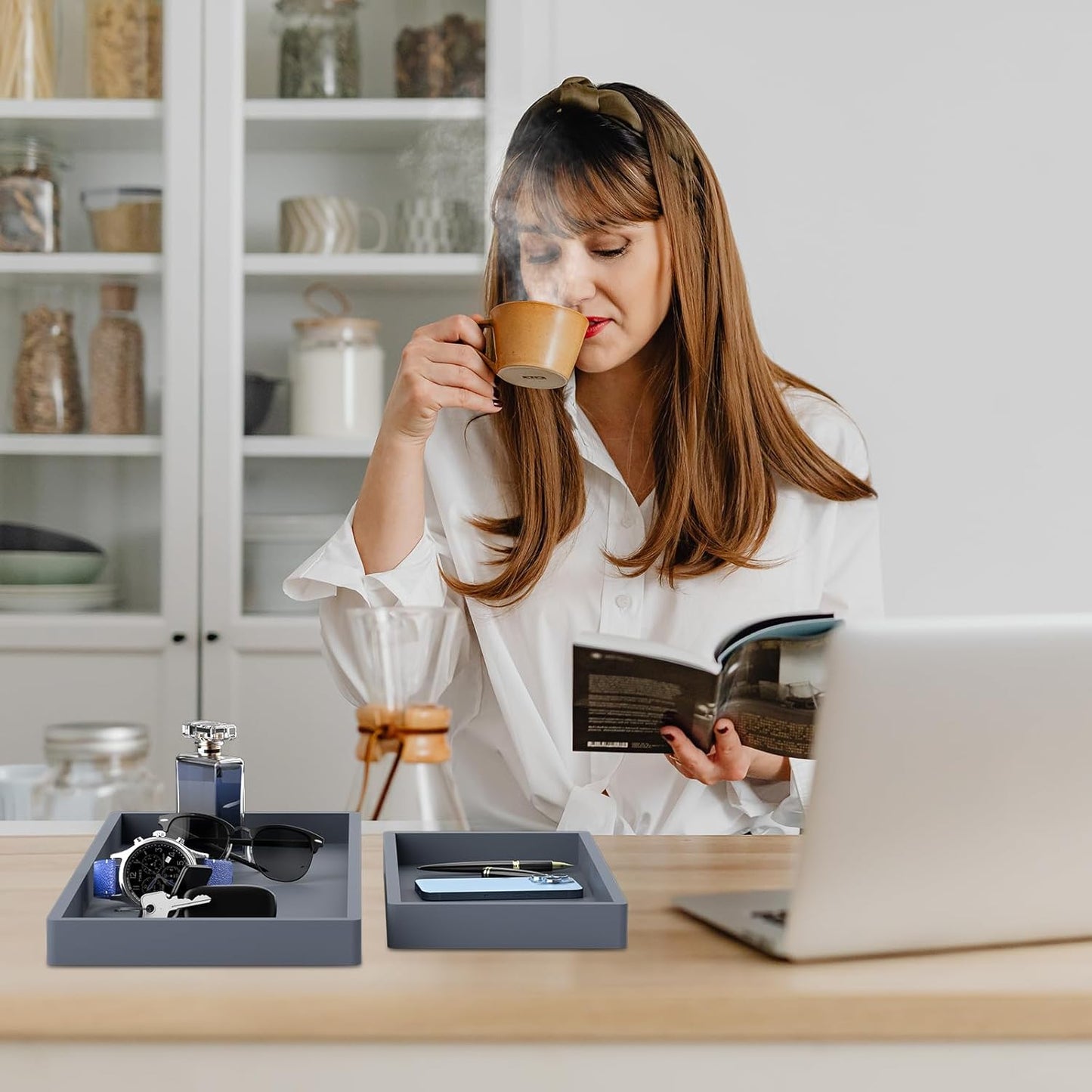 BBK Bathroom Vanity Tray- 2 Pack (7.8" and 11.8") Silicone Bathroom Tray for Counter, Perfume Key Trinket Ring Tray, Decor Soap Dispenser Countertop Tray for Kitchen Sink Organization.(Gray)