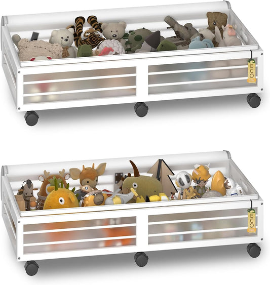 Under Bed Storage Containers with Wheels, Larger Bamboo Wood Under Furniture Storage Containers with Dust Bags，Rolling for Shoes Clothes