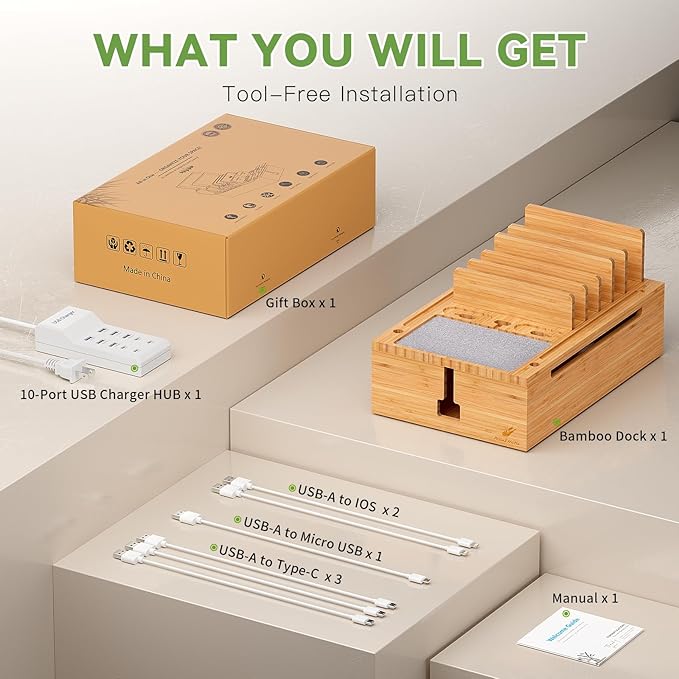 Pezin & Hulin Bamboo Charging Station for Multiple Devices, USB Charger Dock Organizer, with Power Supply (10 Ports HUB), 6 Cables, Cable Management Organizer for Cell Phones, Tablets -Natural Color