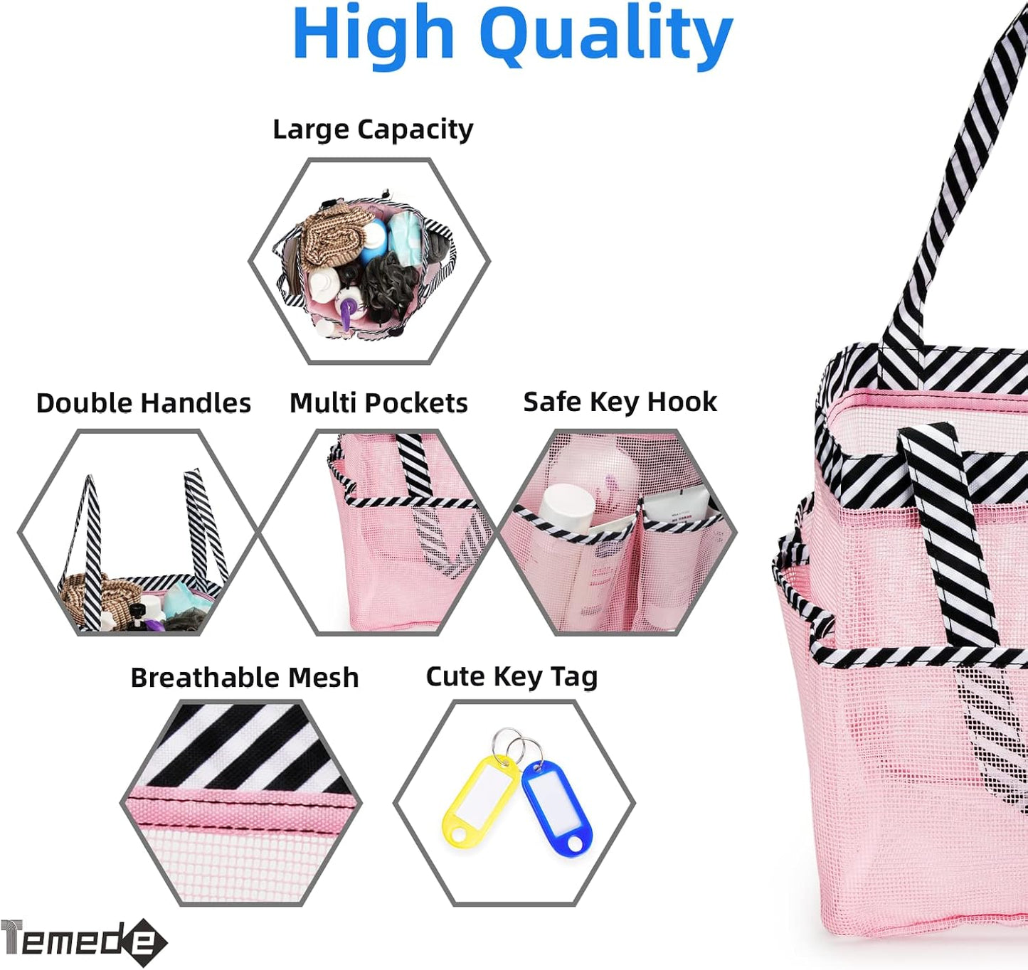 Temede Mesh Shower Caddy Tote, Large Shower Caddy Basket Portable, Quick Dry Hanging Toiletry Bag, 8 Storage Pocket Bath Organizer for College Dorm Room, Gym, Bathroom, Camp, Travel (Pink+Stripes)