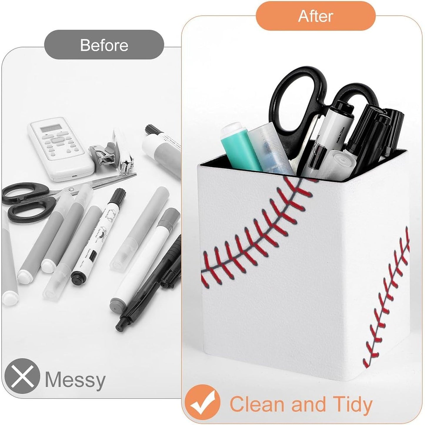 Square Pen Holder & Pencil Organizer for Desk - Office Storage Organizer, Markers/Makeup Brushes/Scissors Holder, Compact Desk Decor Accessories for Home Classroom School(Baseball Design)