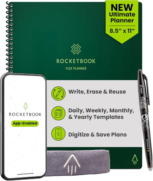 Rocketbook Flex Reusable Planner, Smart Undated, Daily, Weekly, Monthly, Annual Calendar Templates, Letter Size 8.5x11, Green (Pack of 1)