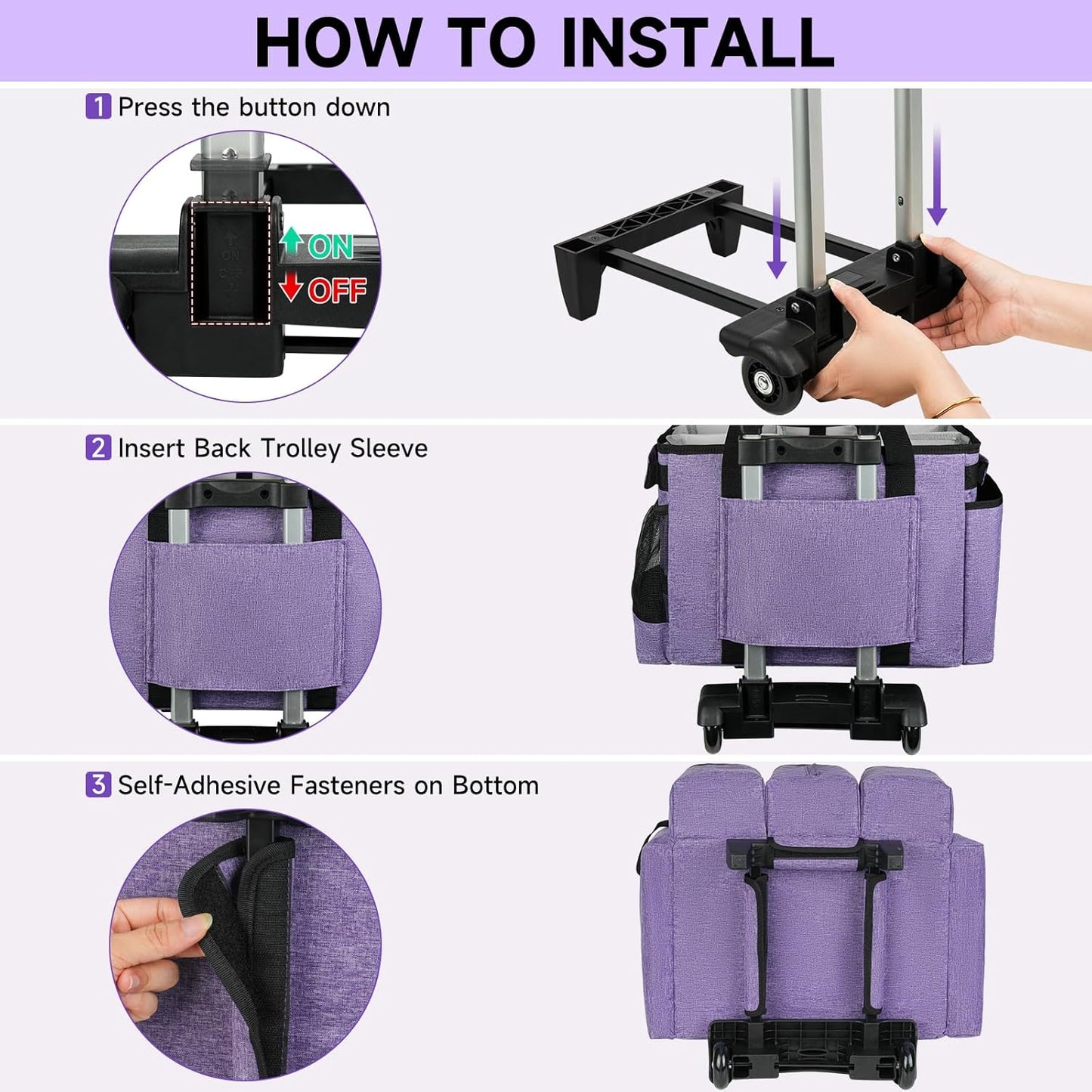 Large Rolling Cleaning Caddy Bag with Detachable Trolley,Cleaning Cart on Wheels with Shoulder Strap,Cleaning Supplies Organizer for Housekeepers,Purple