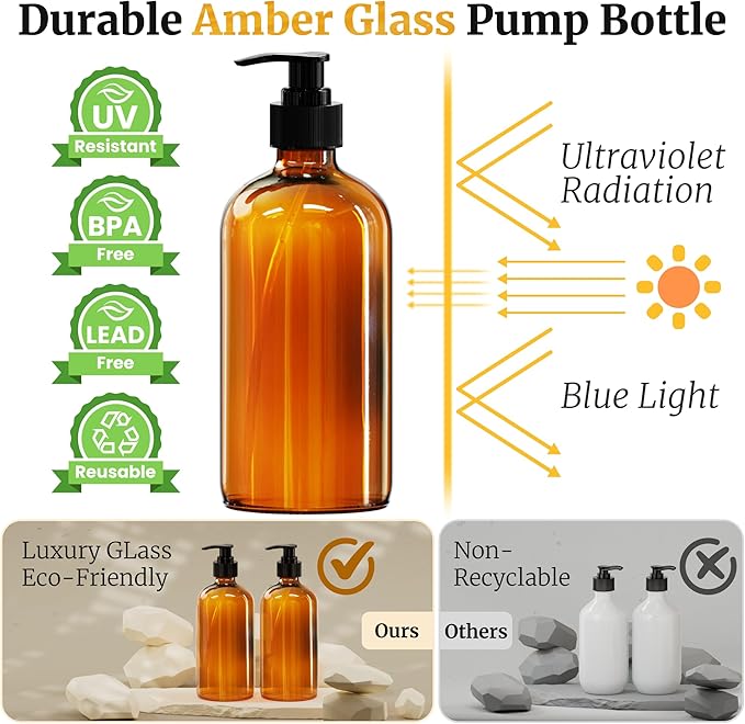 PrettyCare Set of 2 16oz Amber Glass Bottles with Black Pumps - Leak-Proof, Refillable Empty Dispenser for Shampoo, Conditioner & Thick Liquids - with Waterproof Labels