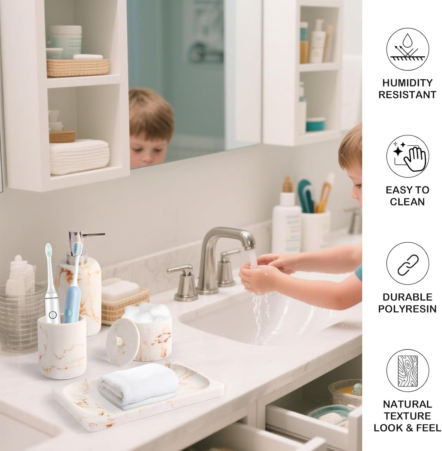 Marble Pattern Bathroom Accessory Sets,4 Pieces Resin Bathroom Accessories Complete Set - Lotion Dispenser,Tumbler,Q-tip Holder and Vanity Tray(Classic Beige Marble)