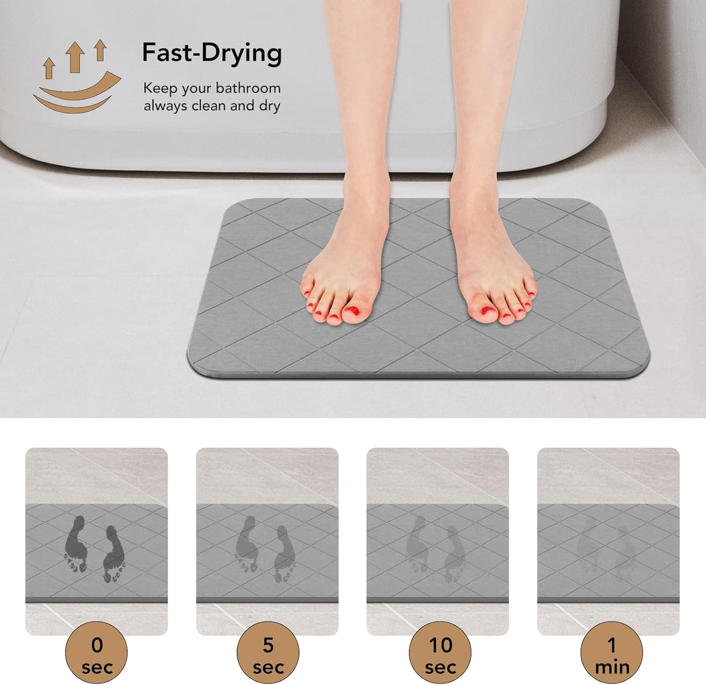 Stone Bath Mat, Diatomaceous Earth Shower Mat, Non-Slip Super Absorbent Quick Drying Bathroom Floor Mat, 2 Pack, Grey, Pattern 2