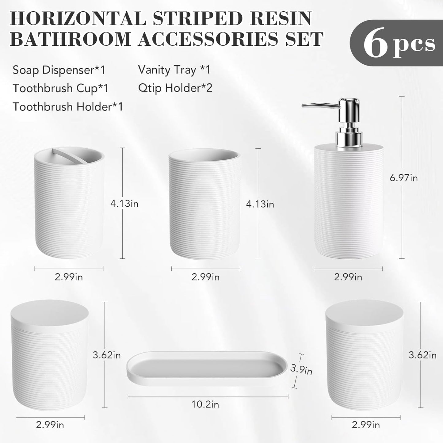 6-Piece Bathroom Accessory Set Resin, White Bath Accessories Complete with Toothbrush Holder, Lotion Soap Dispenser, 2 Qtip Holders,Vanity Tray,Bathroom Tumbler - Countertop Vanity Organizer