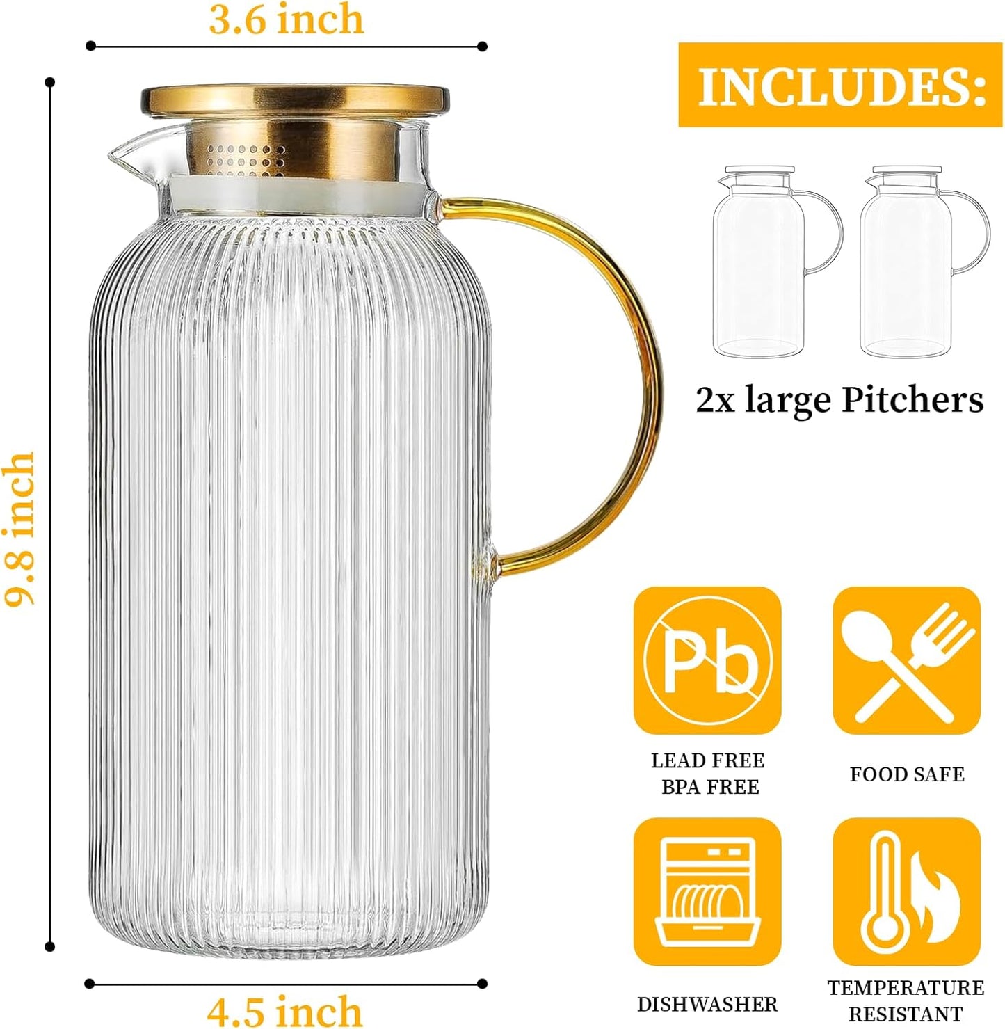 2 Pack Glass Pitcher with Lid, 68 oz/2 Liter Vertical Stripe Round Pitcher with Handle, Heat Resistant, Suitable for Refrigerator Storage, Iced Tea, Coffee, Lemonade, Juice, and Beverage Container