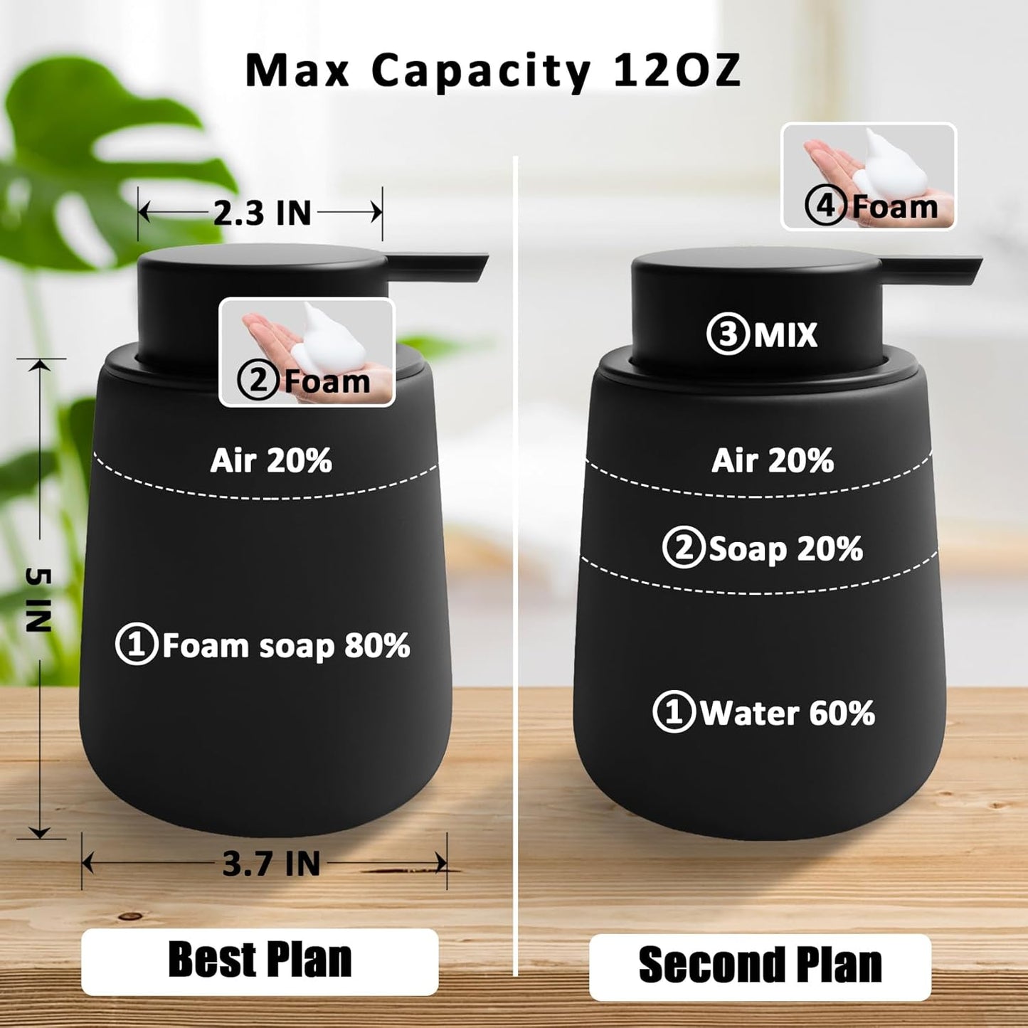 Soap Foaming Dispenser Ceramic with Easy-to-Press Pump Hand Foam Dispenser for Shampoo Bathroom Kitchen 12 oz 2pcs