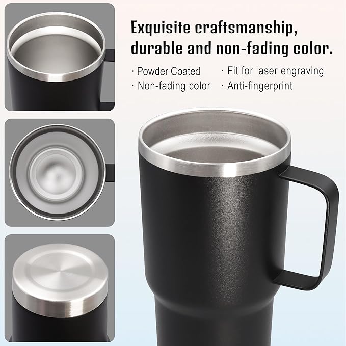 20 oz Tumbler with Handle and Lid, Stainless Steel Tumbler Insulated Travel Coffee Mug, Spill Proof Double Wall Vacuum Tumbler Cup Keep Drink Hot & Cold, Black, 1 Pack