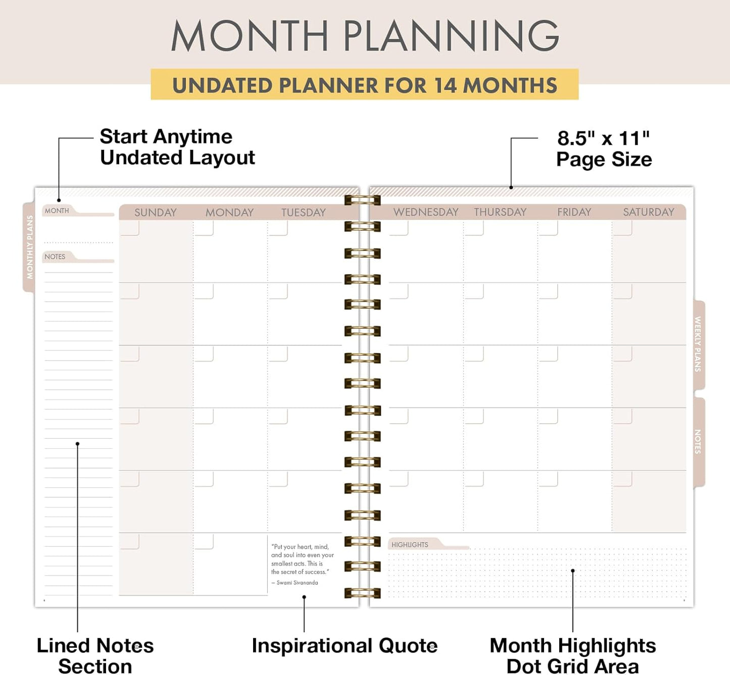 ESSENTIAL PRO Undated Daily, Weekly & Monthly Planner,Monthly Tabs,Daily Tracking,Notes Pages,Storage Pocket,Bookmark w Sticky Notes (Black)