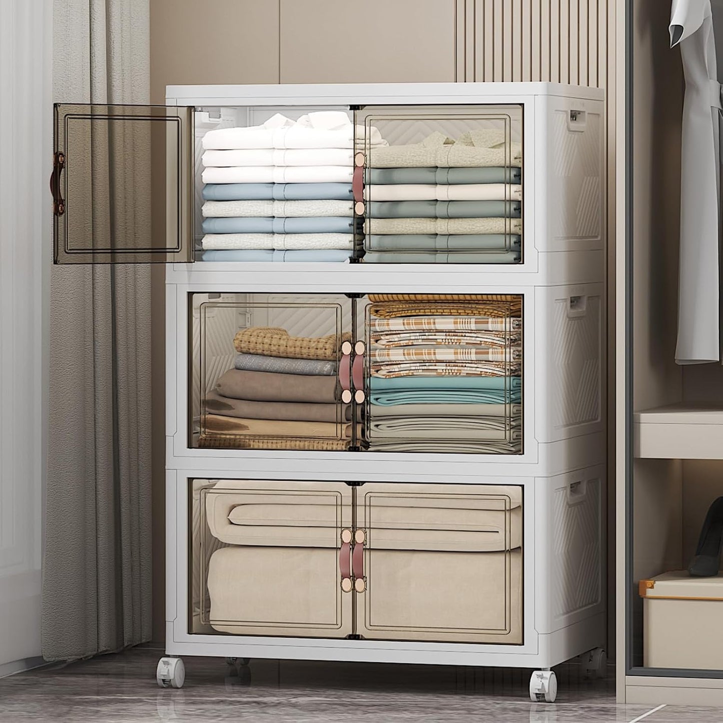 Extra Large Stackable Storage Bins with Lids & Wheels & Door, 336QT-112QT/28GAL*3Pack Foldable Collapsible Closet Organizers, Plastic containers drawers for bedroom Dorm