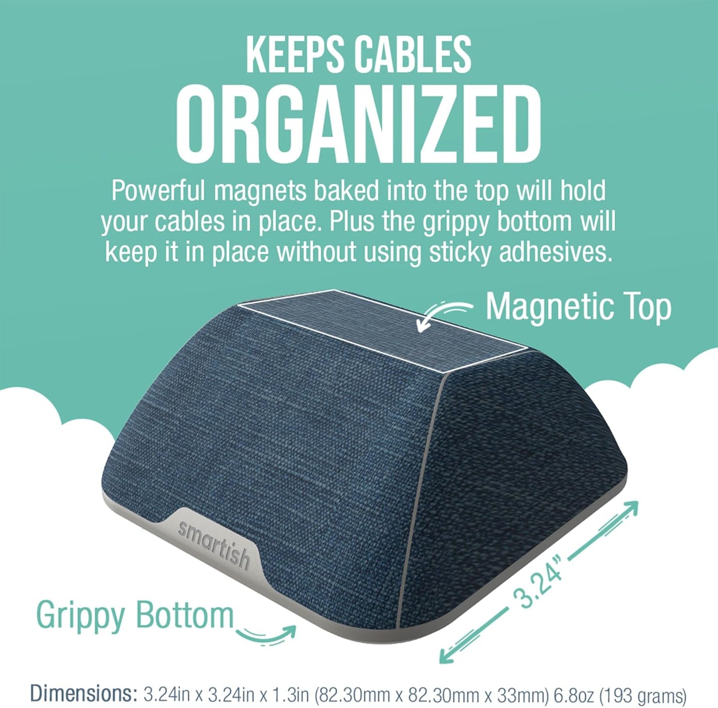 Smartish® Magnetic Cord Holder - Cable Wrangler Organizer with Magnet Clips for Charger Management on Desktop, Nightstand, or Side Table for All Cables, USB-C, Lightning Cables - Blue Jeanie