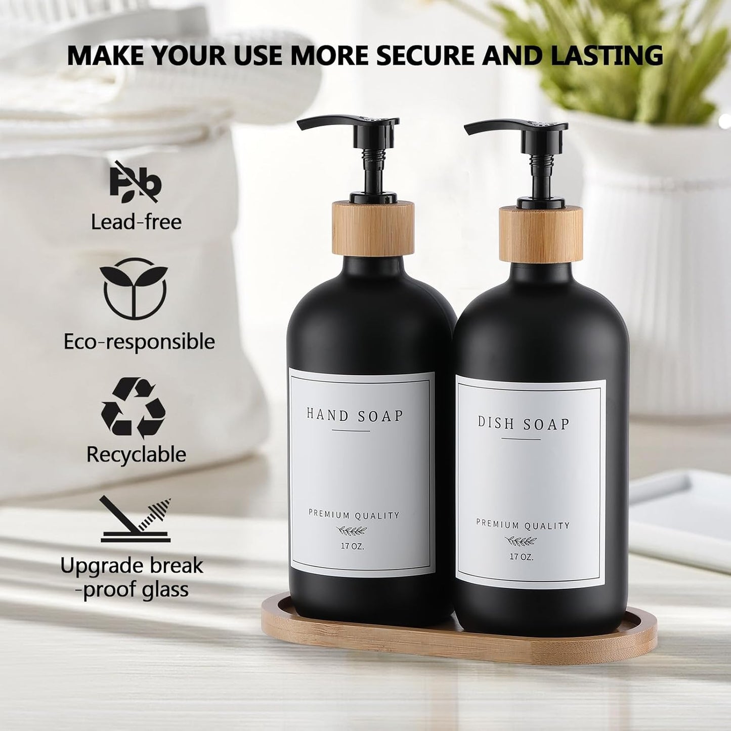 Black Glass Soap Dispenser - Hand Dish Soap Dispenser Set for Kitchen with Sturdy Pump and Tray, 14 Waterproof Labels, Bathroom Refillable Soap Lotion Dispenser-Black