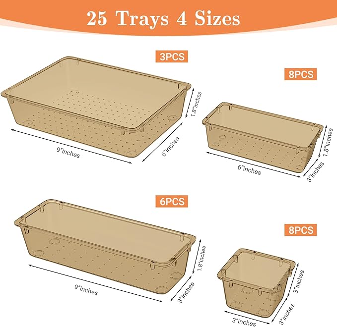 25 PCS Plastic Drawer Organizer Set, 4-Size Versatile Organizer Trays & storage Bins for Makeup, Jewelry, and Gadgets in Bathroom, Bedroom and Office,Champagne