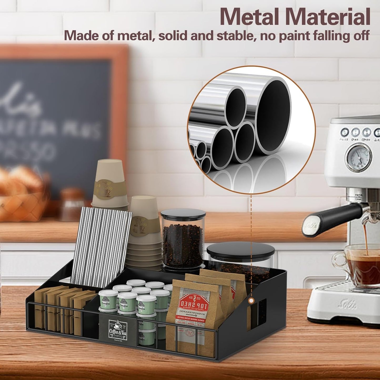 Metal Coffee Station Organizer for Countertop - Coffee Bar Organizer with Designable DIY Logo, K Cup Pods Holder & Tea Condiment Storage - Rustic Breakroom Kitchen Decor in Balck （1 Pcs）