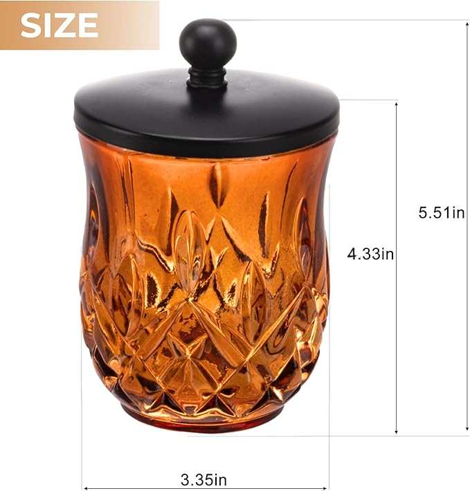 Qtip Holder,10 Oz Amber Glass Apothecary Jars with Matte Black Lids for Bathroom Organization & Desk Storage,Thick Glass Apothecary Jars for Q-Tips,Cotton Rounds, Jewelry,Candy,Round