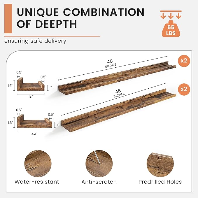 Floating Picture Ledge Shelves Set of 4, 48 Inch Shelves with Lip - Large Nursery Book Shelf for Toys Storage, Kids Bookshelf, Living Room, Bedroom Decor Frames