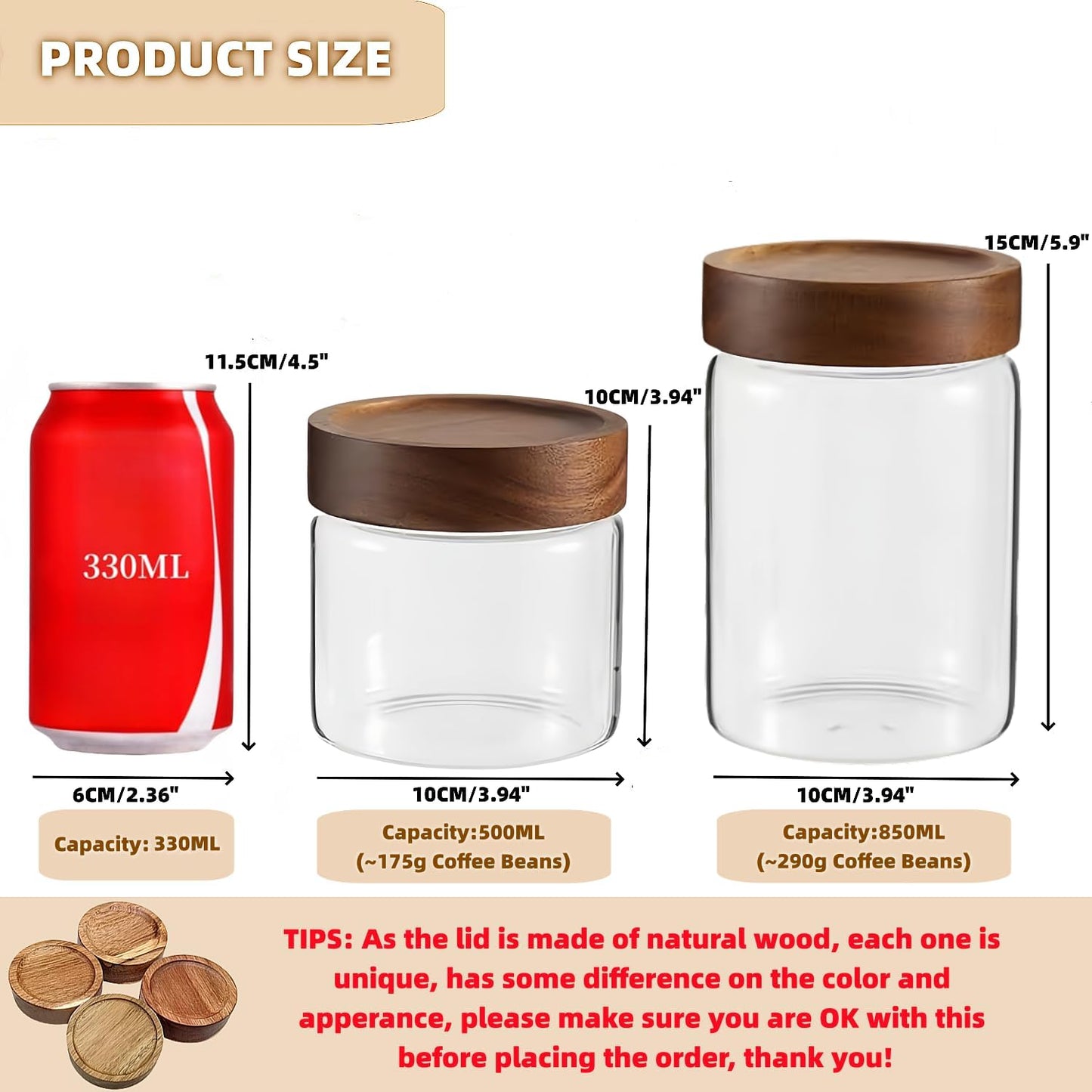 17 Fl oz/500 ml Glass Food Storage Jar, Premium Clear Glass Container Jar with Airtight Wooden Screw Lid, Kitchen Canisters for Coffee,Tea,Pasta,Cookies, Nuts,Spice,Candy,Overnight Oatmeal（Small)