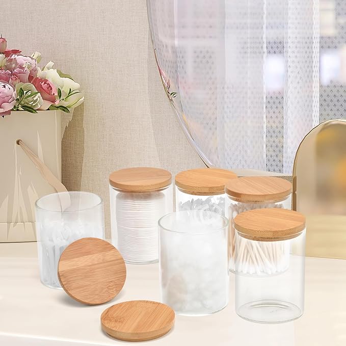 6 Pack Glass Qtip Holder Dispenser Set - Apothecary Jars with Lids for Vanity Makeup Organizer - Bathroom Canister Storage Organizer