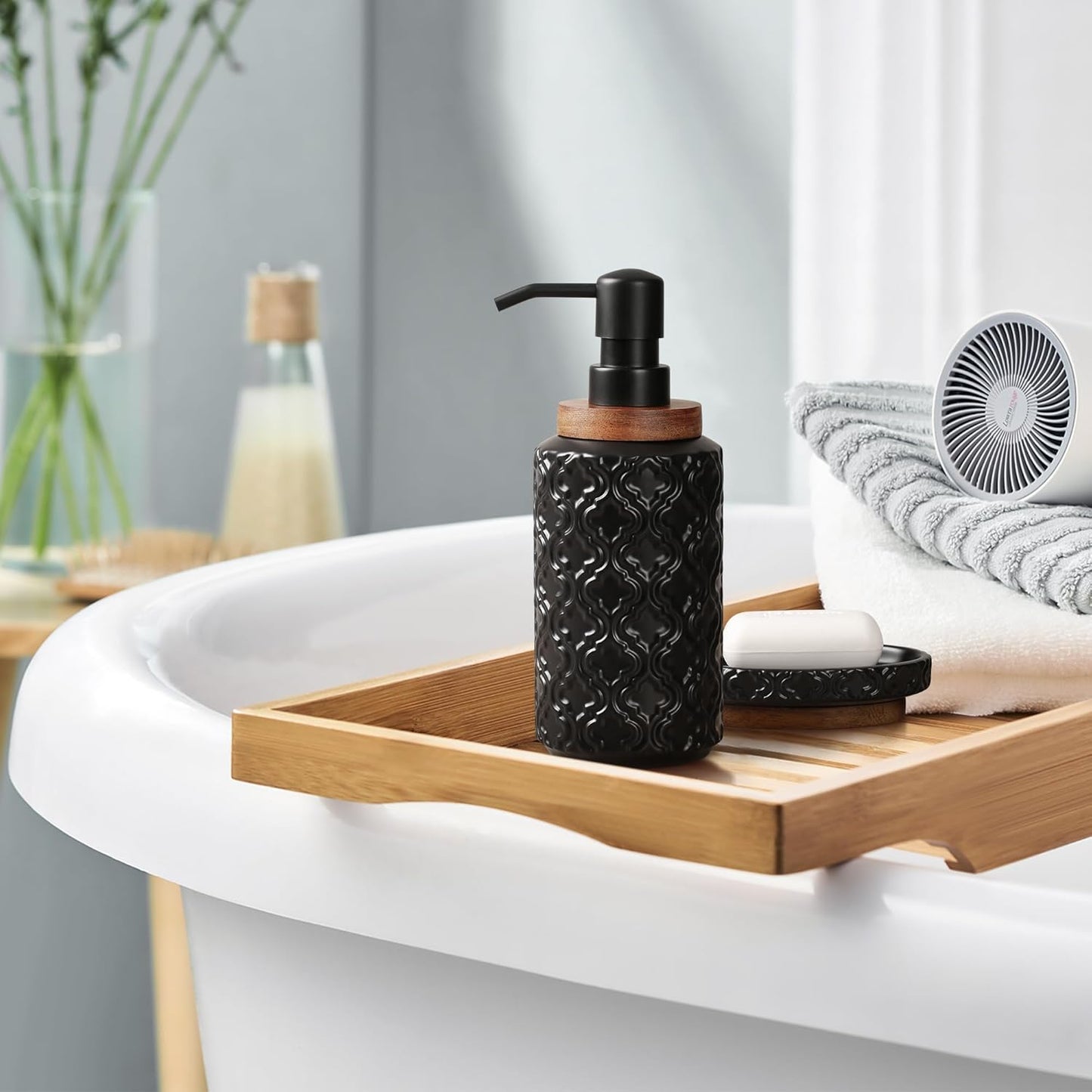 Bathroom Accessories Set 6 Pcs Toothbrush Holder Soap Dispenser Ceramic and Wood Bathroom Set with Trash Can Soap Dispenser Toothbrush Holder Tray Tumbler Soap Dish Black