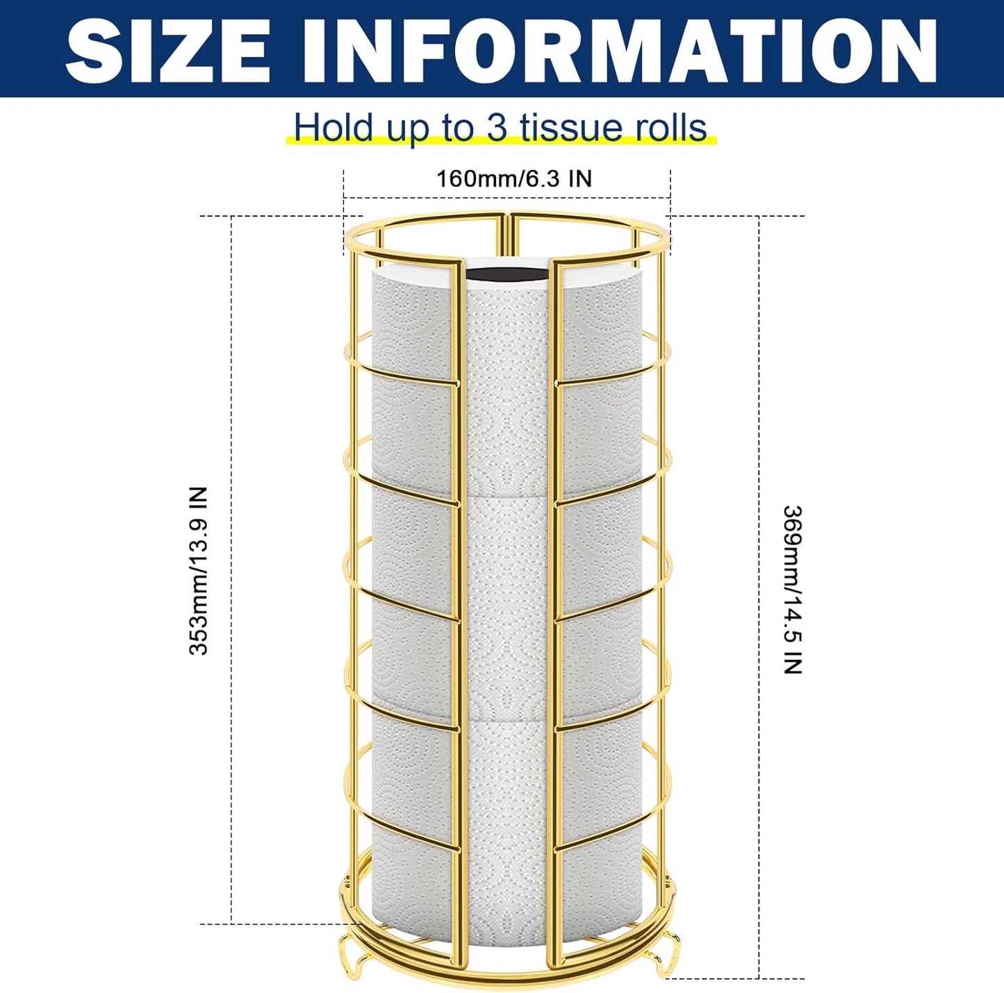 NearMoon Toilet Paper Organizer Stand, Free Standing 3 Rolls Tissue Storage, Metal Bathroom Accessory, Rustproof Toilet Roll Holder for Kitchen Countertop Inside Cabinet Shelf(Metal Base, Gold)