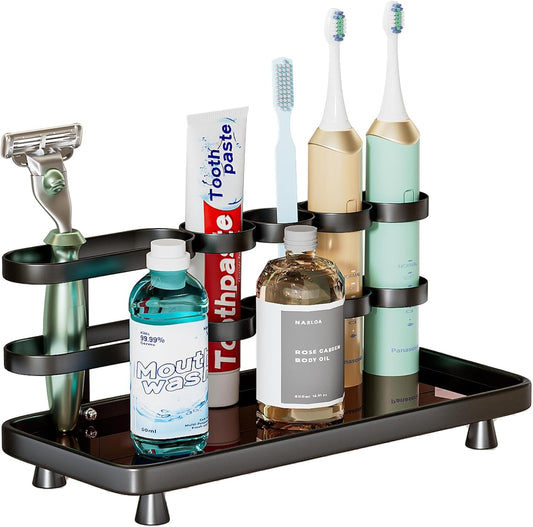 Electric Toothbrush Holder for Bathroom Countertop 5 Metal Slots Toothpaste Razor Mouthwash Organizer, Black