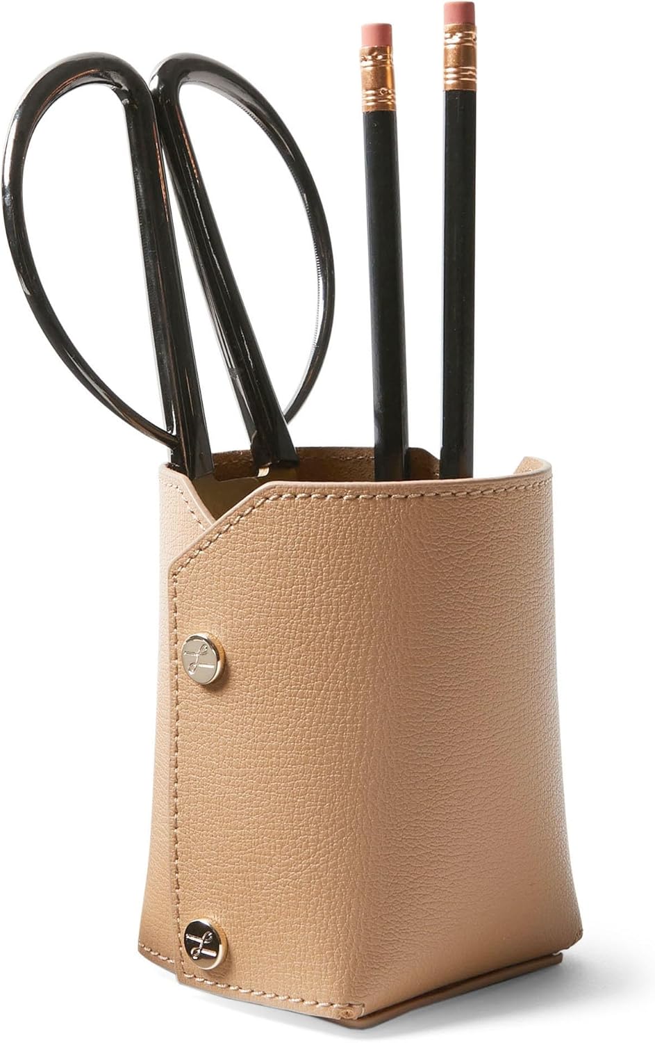 Leatherology Premium Tan Modern Pencil Cup – Leather Desk Organizer with Snap Construction, Lays Flat for Travel, Minimalist Portable Design with Suede Interior