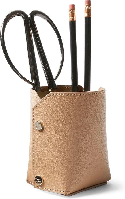 Leatherology Premium Tan Modern Pencil Cup – Leather Desk Organizer with Snap Construction, Lays Flat for Travel, Minimalist Portable Design with Suede Interior
