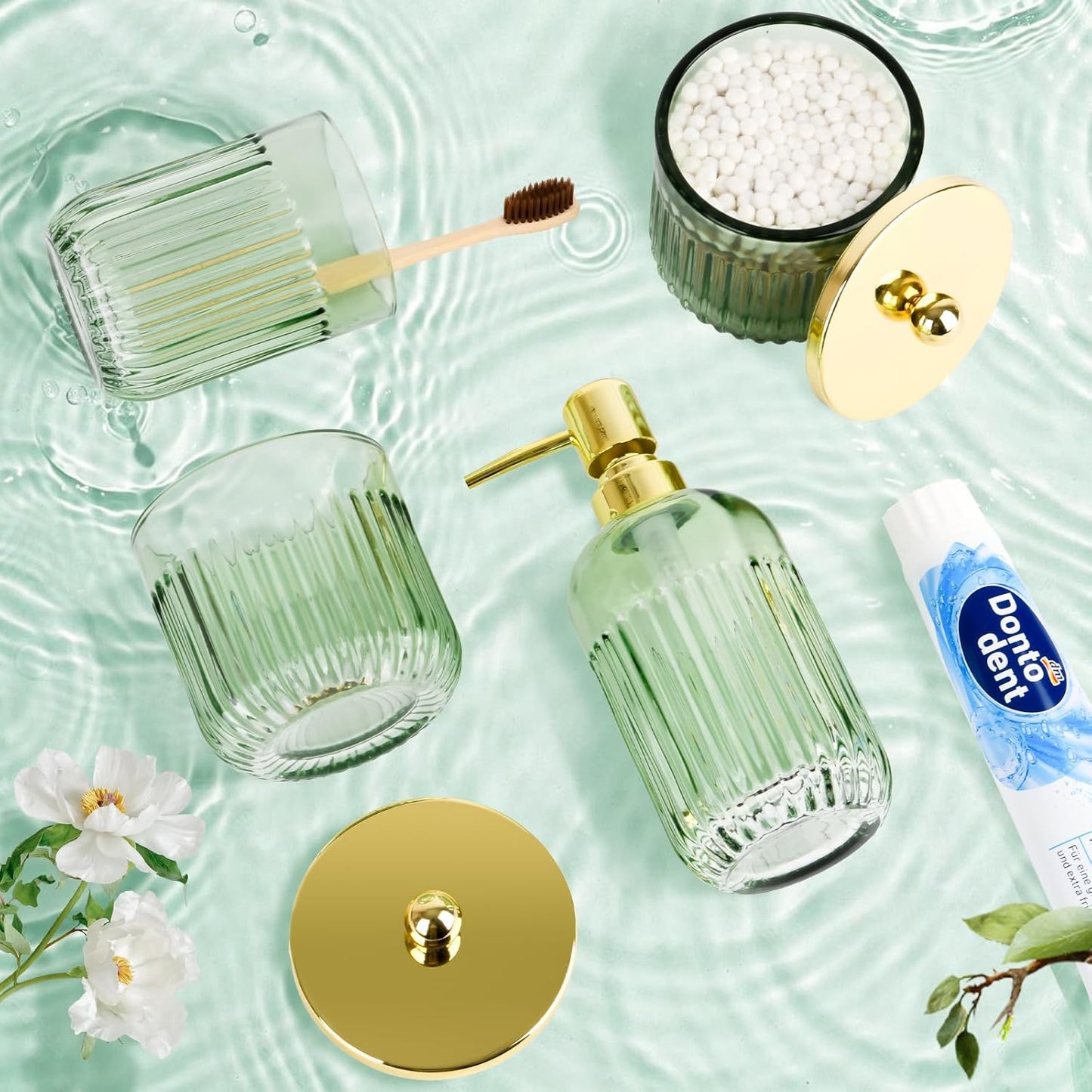 Bathroom Accessories Set,4 Pcs Green Glass Bathroom Accessories Set with Toothbrush Holder,Lotion Soap Dispenser,2 Qtip Holder Dispensers - Countertop Organizer for Modern Bathroom Decor - Green