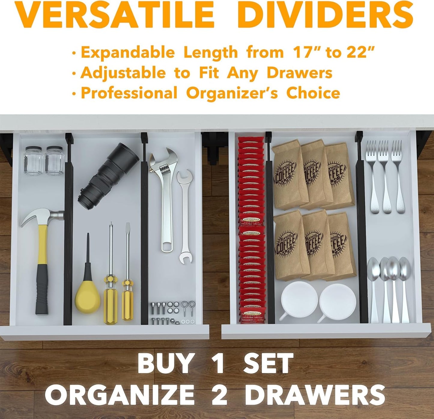 SpaceAid 4 Pack Bamboo Drawer Dividers with Labels, Kitchen Adjustable Drawer Organizers, Expandable Organization for Home Clothes Dressers (17-22 in, Black)