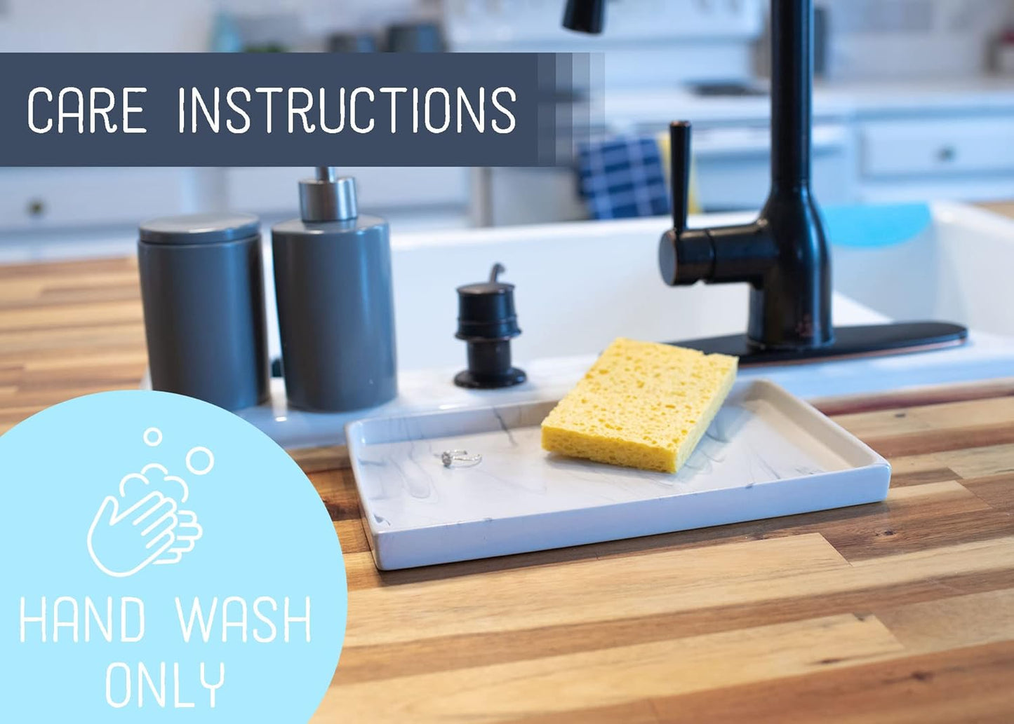 NAT & Jules 10 x 6 Ceramic Stoneware Vanity Tray - Perfect Bathroom or Kitchen Counter Organization Décor: Sponge Holder, Soap Dish, Jewelry and Perfume Tray, Marbled Cream