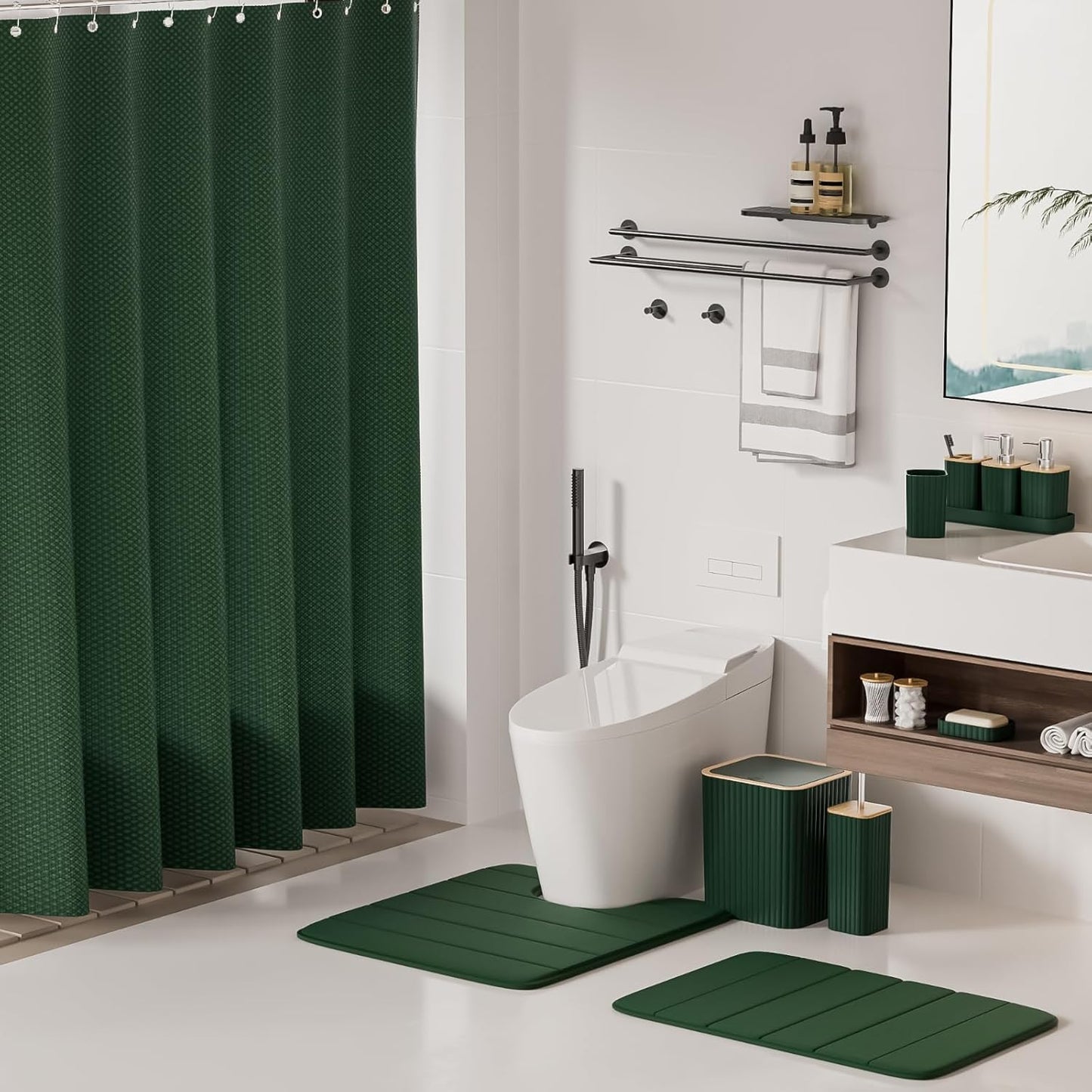 Bathroom Accessories Set - 25PC Green Bathroom Set, Bathroom Set with Shower Curtain and Rugs, Green Shower Curtain Set, Toilet Brush, Bathroom Trash Can
