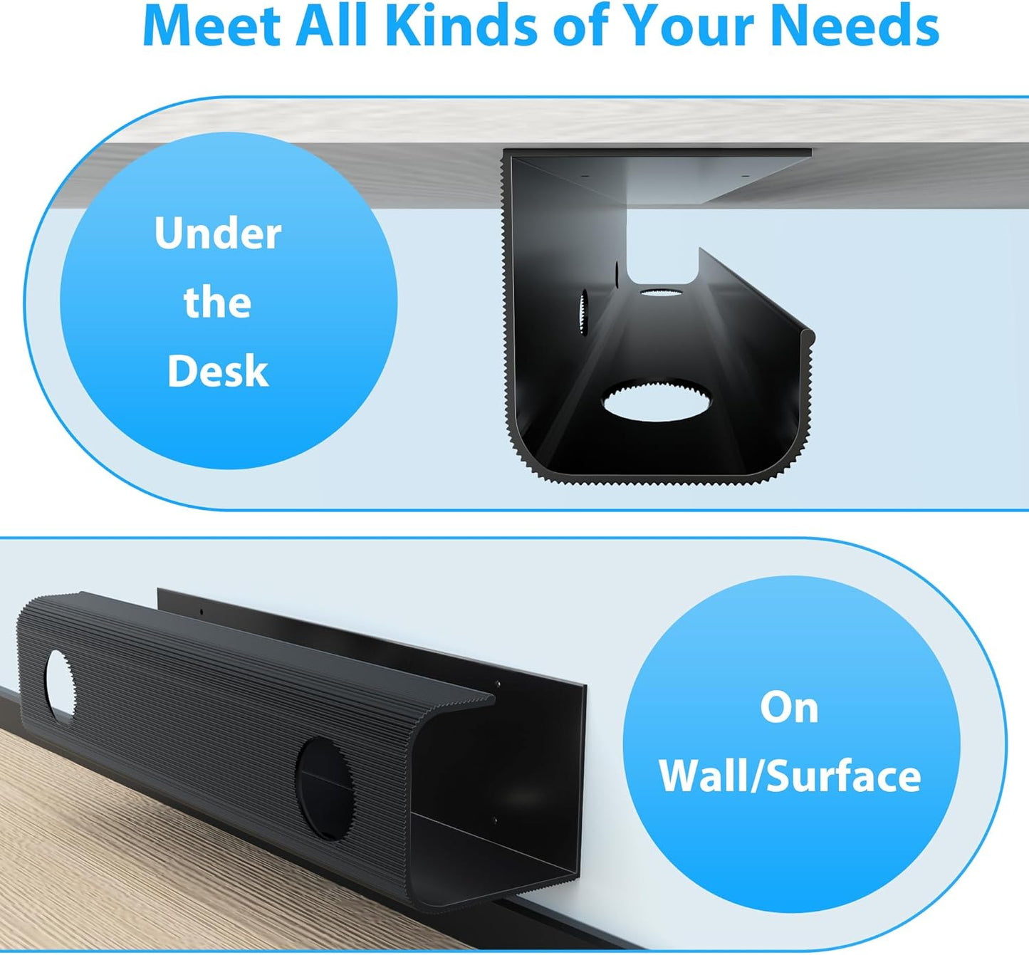 ZhiYo 2 Pack Large Capacity Cable Management Tray 31.5in (2xL15.7in), Thick PVC Under Desk Cable Tray Kit with 4 Cable Clips & 5 Ties, Standing Cord Management Desk Organizer for Office or Home, Black