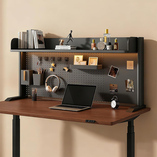 Desk Organizer Shelf for Standing Desk – Metal Frame Desk Hutch with Pegboard, Storage Shelf, and Hooks, Space-Saving Desktop Organizer for Home Office & Workstation Black 39.4 * 9.3 * 15in