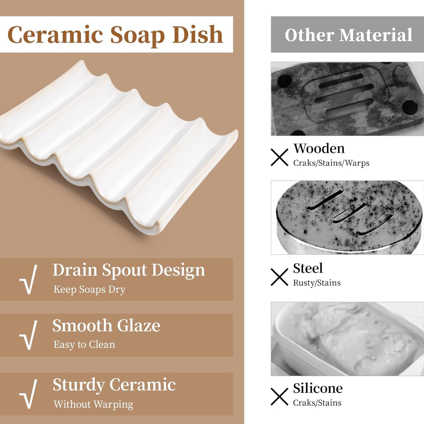 Ceramic Soap Dish, Bar Soap Holder with Self Draining Design, Large Soap Tray for Shower, Sink, Countertop, Bathroom & Kitchen, ANTIS'S HOME (White)