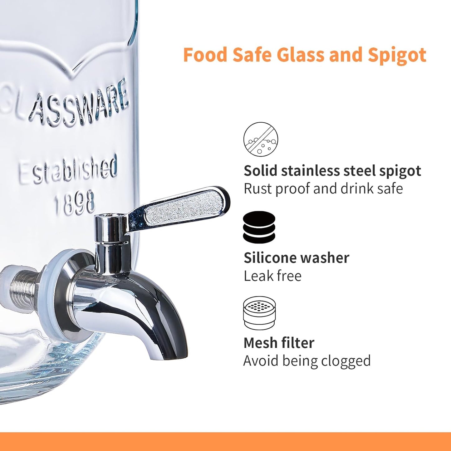 2 Pack1Gallon Glass Drink Dispensers with Stand&Bamboo Lids&Fruit Infuser,304 Stainless Steel Leak-Proof Spigot,Beverage Dispenser for Parties,Water Sangria Juice Sun Tea Lemonade(Natural)