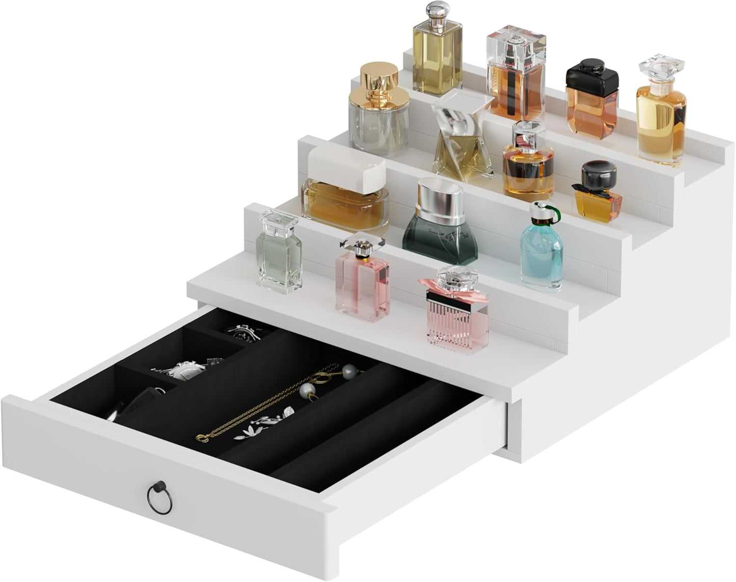 Blisse Cologne/Perfume Organizer, 4-Tier Storage Drawer with Hidden Compartments, Soft-Lined Display Case (White)