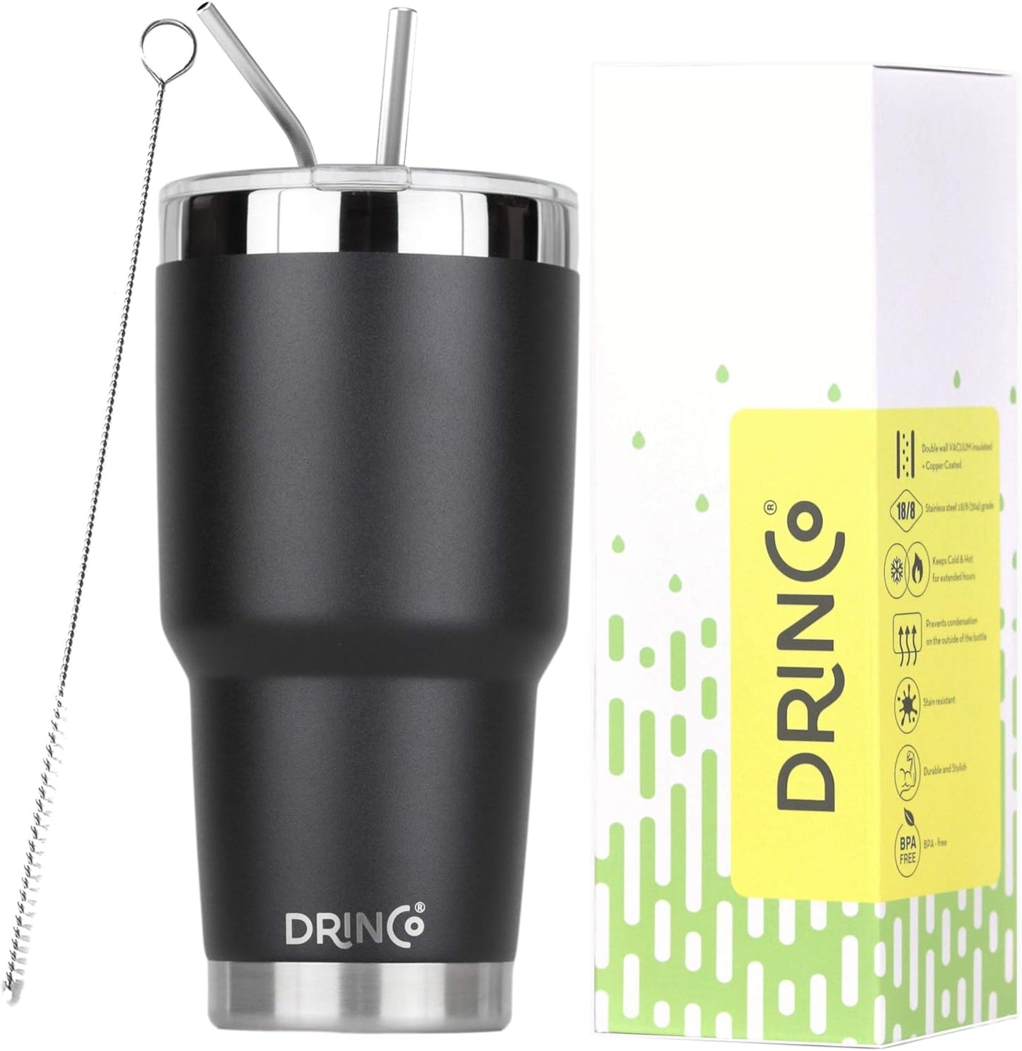 Drinco - 30 oz Stainless Steel Tumbler | Double Walled Vacuum Insulated Mug With Lid, 2 Straws, For Hot & Cold Drinks (30oz, 30oz Black), 1 Count (Pack of 1)