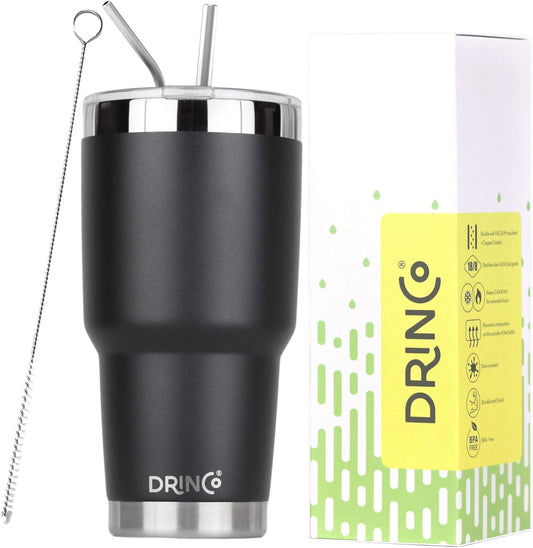 Drinco - 30 oz Stainless Steel Tumbler | Double Walled Vacuum Insulated Mug With Lid, 2 Straws, For Hot & Cold Drinks (30oz, 30oz Black), 1 Count (Pack of 1)