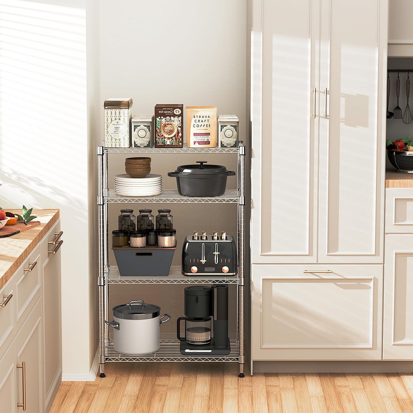 5-Shelf Storage Shelves,Wire Shelving Heavy Duty Metal Storage Shelving Unit Adjustable Garage Shelving Rack Pantry Kitchen (Chrome, 4 Tier,15.8" D x 45.3" W x 59.4" H)