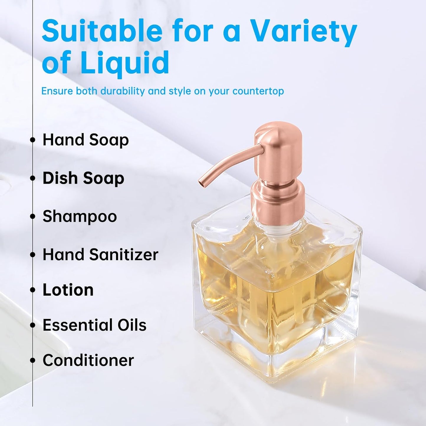 Ximlike Square Bathroom Soap Dispenser Rose Gold, 8.4 oz Glass Bottles with Stainless Steel Pump Red Copper Retangle Cube Liquid Soap Dispenser Hand Kitchen