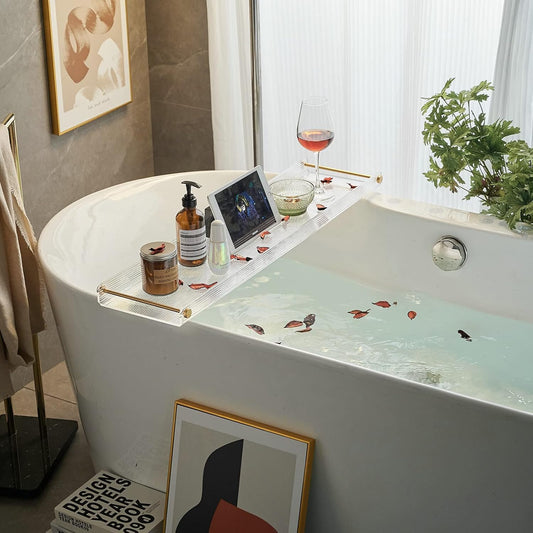 Bathtub Caddy Tray for Luxury Bathroom Bath tub Table Caddy Tray Shelf for Shower with Gold Handles fits All bathtubs