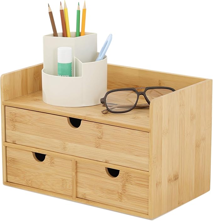 Desk Organizer with Drawers - Bamboo Desktop Organizers Storage | Wood Makeup Organizer for Bills, Office Supplies, Cosmetics, Seals, Kitchen Utensils, No Assembly Required
