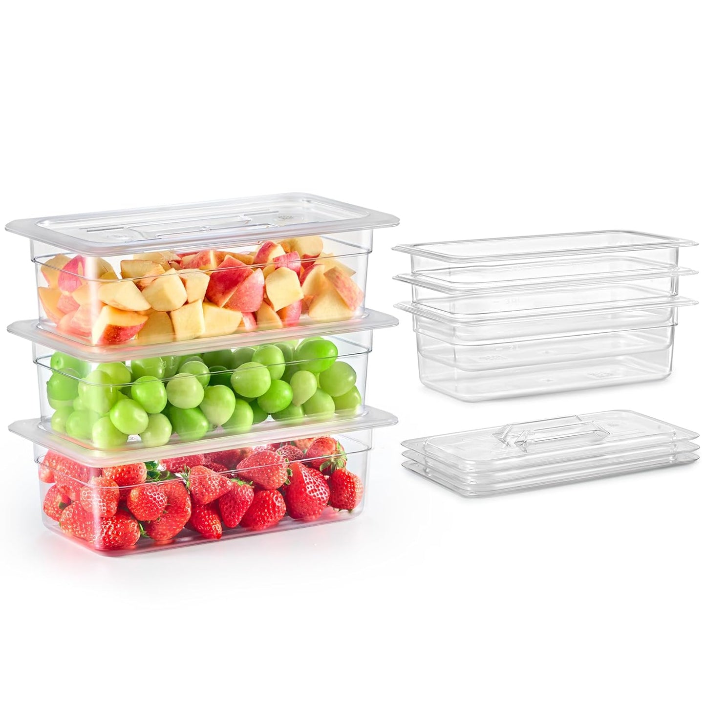 WILPREP 6 Pack Plastic Food Pans with Lids NSF Listed, 1/3 Size 6 in Deep Clear Food Storage Containers, 6.3 qt Stackable Polycarbonate Commercial Hotel for Fruits Vegetables Beans Corns