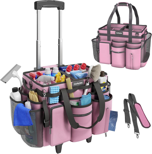 Rolling Cleaning Caddy Bag with Detachable Trolley, Cleaning Supplies Organizer Cart on Wheels, Cleaning Supply Caddy for Housekeepers, Large Professional Detailing Bag Tote for Home, Car (Pink)